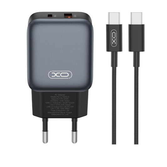 Carregador de Rede com Cabo USB-C XO Design L154, 20W, 3A, 1 x USB-A - 1 x USB-C, Preto