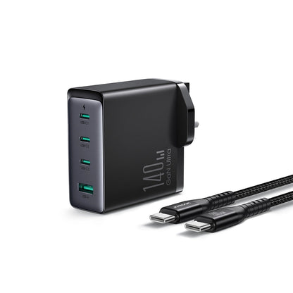 Carregador de Rede com Cabo USB-C Joyroom JR-TCG05UK, 140W, 5A, 1 x USB-A - 3 x USB-C, UK, Preto