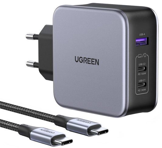 Carregador de Rede com Cabo USB-C UGREEN CD289, 140W, 5A, 1 x USB-A - 2 x USB-C, Cinzento