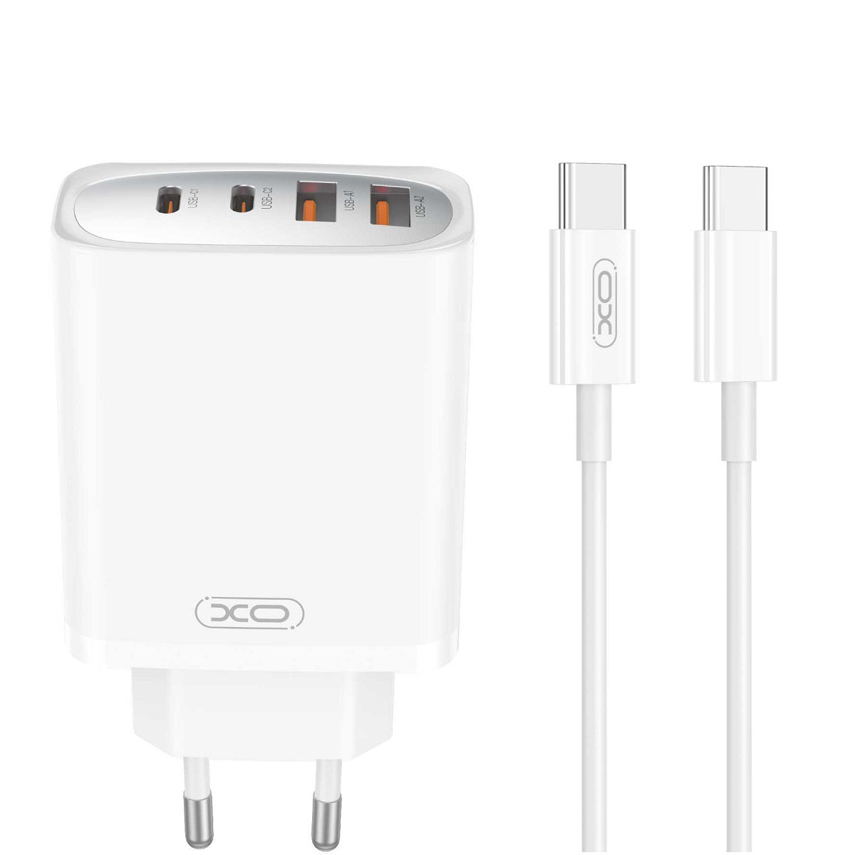 Carregador de Rede com Cabo USB-C XO Design CE22, 45W, 3A, 2 x USB-A - 2 x USB-C, Branco