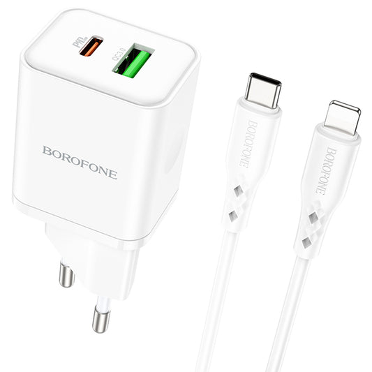 Carregador de Rede com Cabo Lightning Borofone BN7, 20W, 3A, 1 x USB-A - 1 x USB-C, Branco