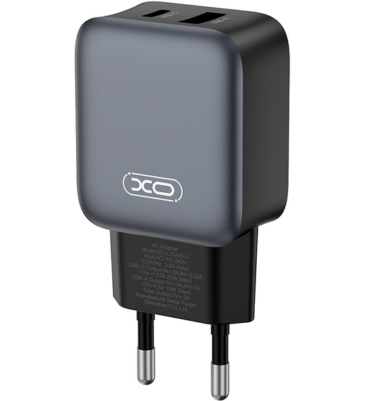 Carregador de Rede com Cabo Lightning XO Design L154, 20W, 3A, 1 x USB-A - 1 x USB-C, Preto