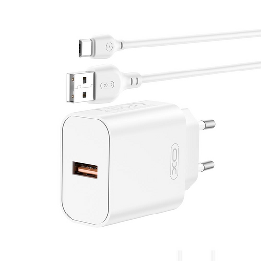 Carregador de Rede com Cabo USB-C XO Design CE33, 18W, 3A, 1 x USB-A, Branco