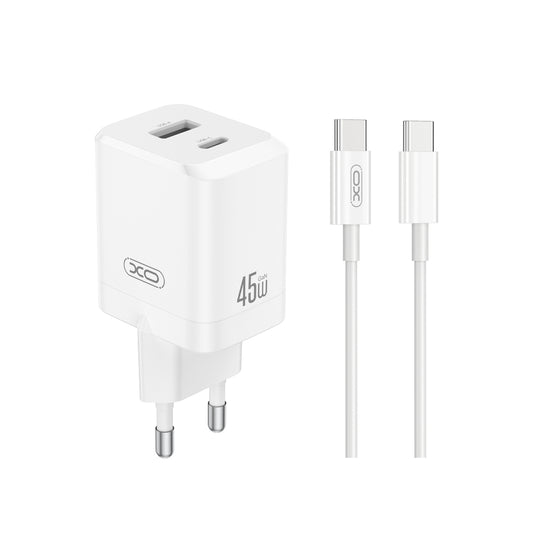 Carregador de Rede com Cabo USB-C XO Design CE36, 45W, 3A, 1 x USB-A - 1 x USB-C, Branco