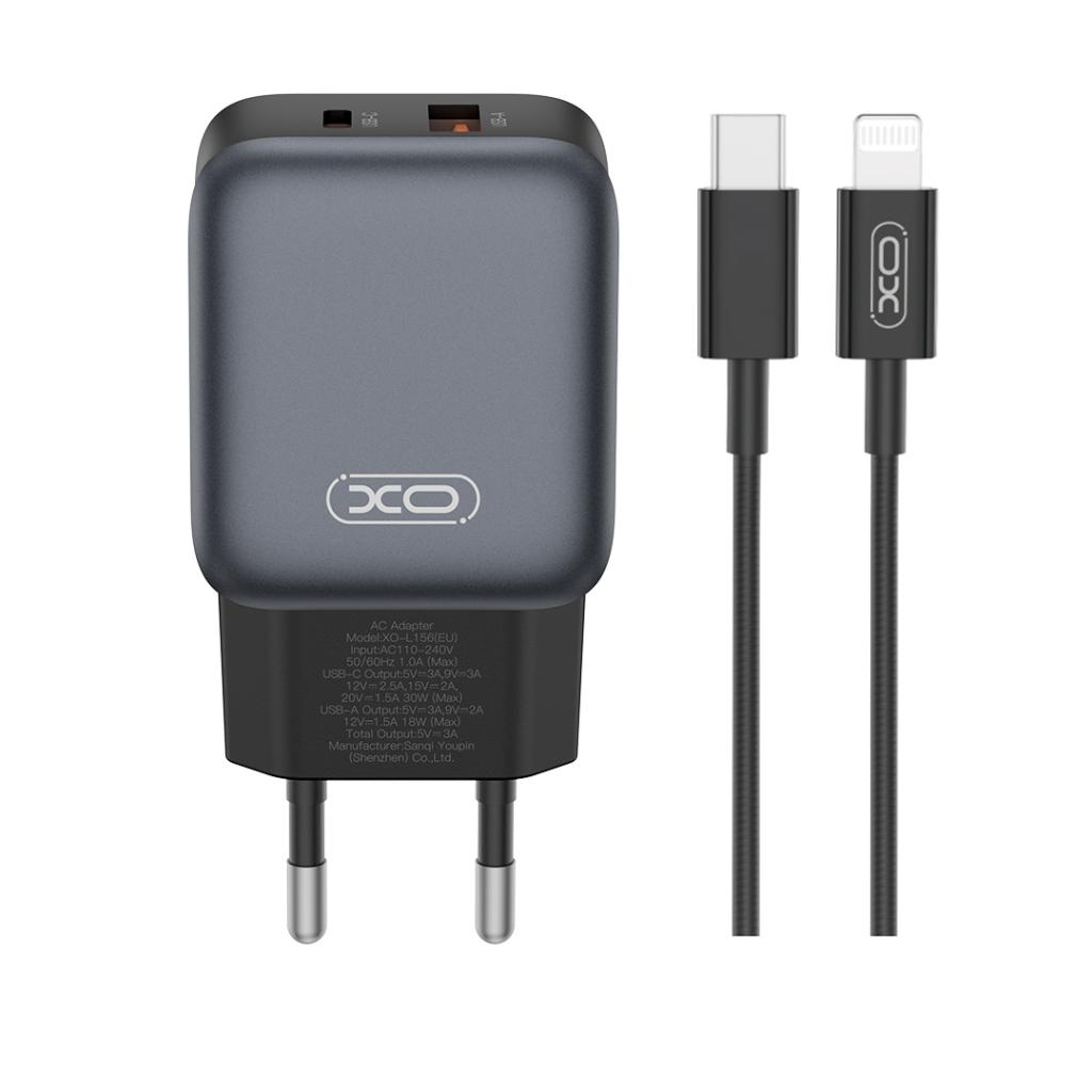 Carregador de Rede com Cabo Lightning XO Design L156, 30W, 3A, 1 x USB-A - 1 x USB-C, Preto