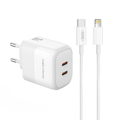 Carregador de Rede com Cabo Lightning XO Design L140, 35W, 3A, 2 x USB-C, Branco