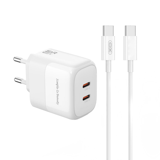 Carregador de Rede com Cabo USB-C XO Design L140, 35W, 3A, 2 x USB-C, Branco