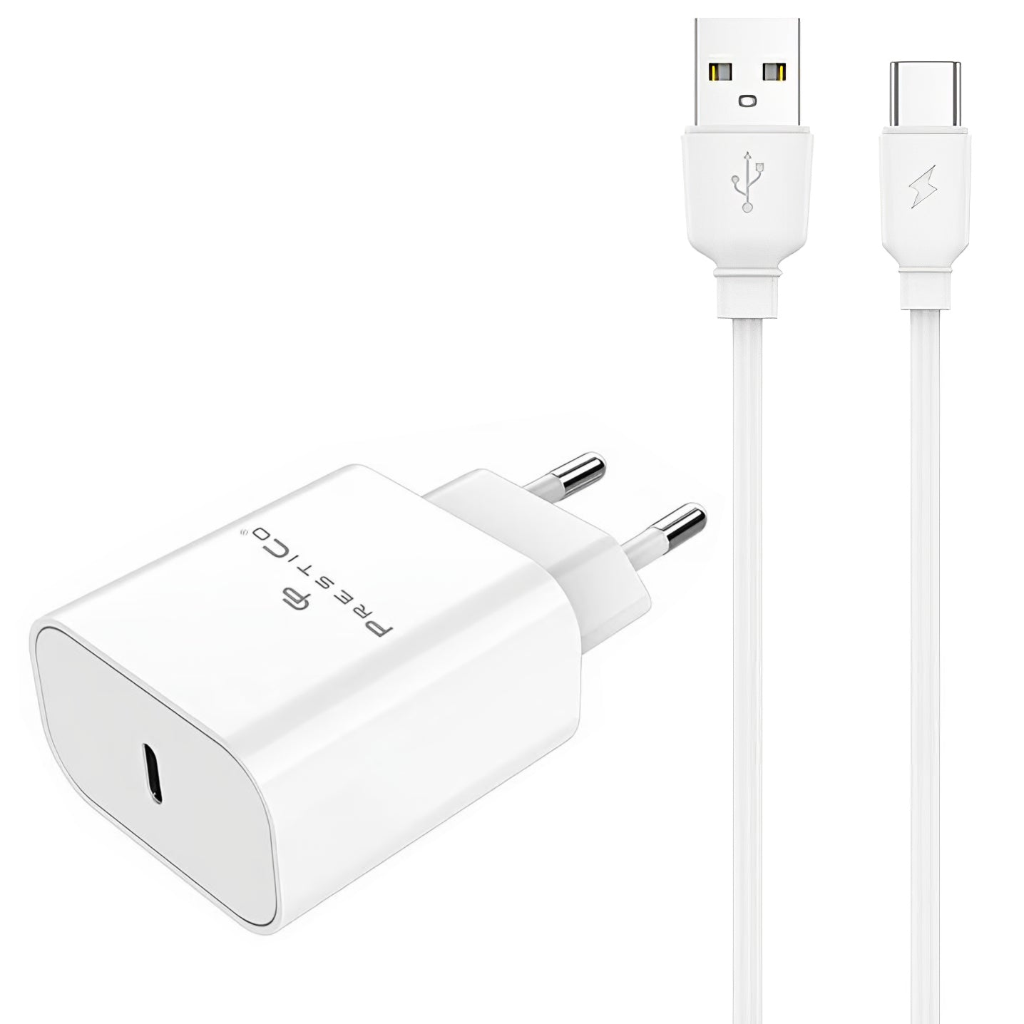 Carregador de Rede com Cabo USB-C Prestico F15S-C, 30W, 3A, 1 x USB-C, Branco