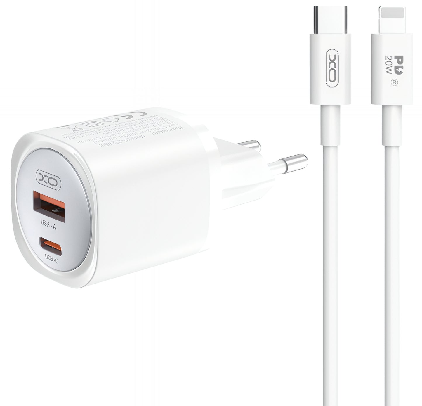 Carregador de Rede com Cabo Lightning XO Design CE21, 30W, 3A, 1 x USB-A - 1 x USB-C, Branco