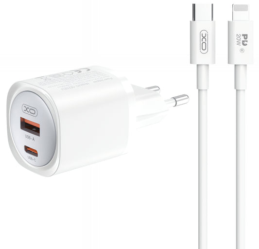Carregador de Rede com Cabo Lightning XO Design CE21, 30W, 3A, 1 x USB-A - 1 x USB-C, Branco