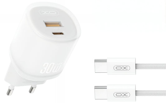 Carregador de Rede com Cabo USB-C XO Design L151, 30W, 3A, 1 x USB-A - 1 x USB-C, Branco