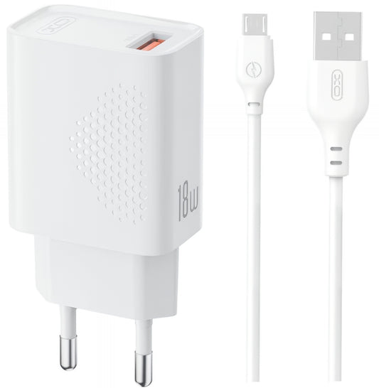 Carregador de Rede com Cabo microUSB XO Design L159, 18W, 3A, 1 x USB-A, Branco