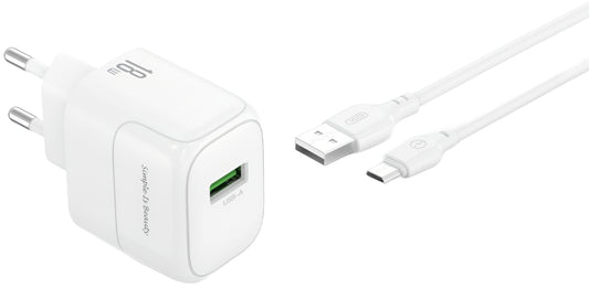 Carregador de Rede com Cabo microUSB XO Design L135, 18W, 3A, 1 x USB-A, Branco