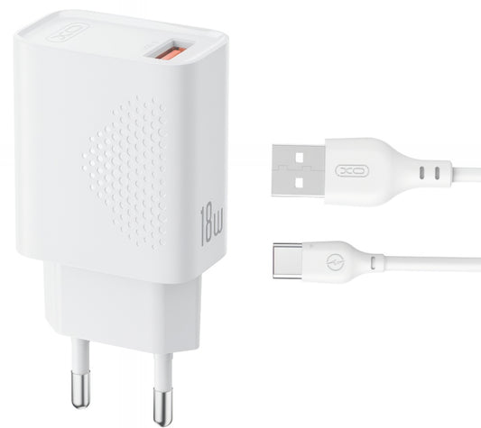 Carregador de Rede com Cabo USB-C XO Design L159, 18W, 3A, 1 x USB-A, Branco