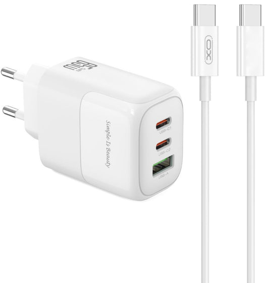 Carregador de Rede com Cabo USB-C XO Design L139, 65W, 4.5A, 1 x USB-A - 2 x USB-C, Branco