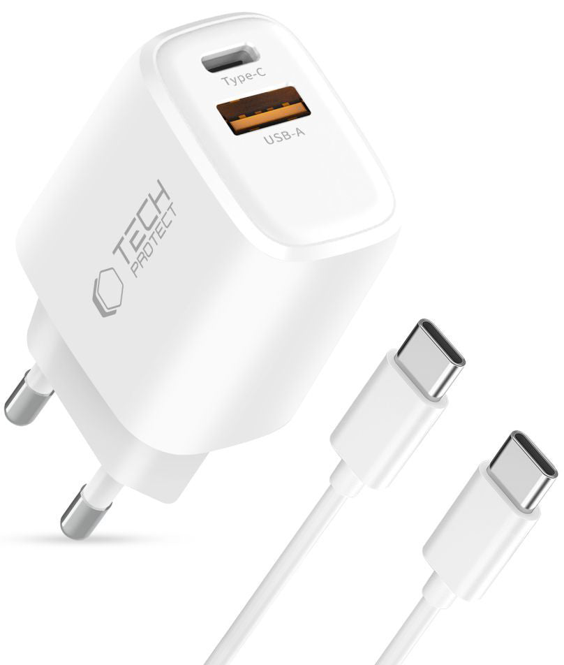 Carregador de Rede com Cabo USB-C Tech-Protect NCA45W, 45W, 3A, 1 x USB-A - 1 x USB-C, Branco
