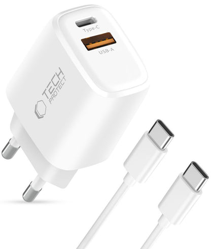 Carregador de Rede com Cabo USB-C Tech-Protect NCA45W, 45W, 3A, 1 x USB-A - 1 x USB-C, Branco