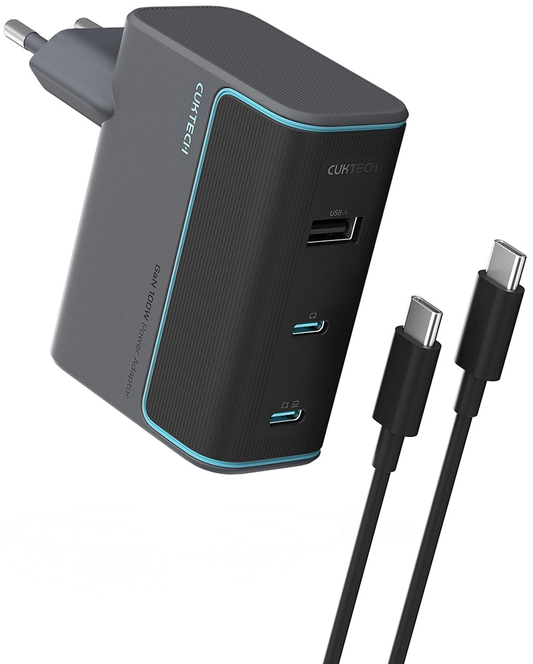 Carregador de Rede com Cabo USB-C Cuktech, 100W, 5A, 1 x USB-A - 2 x USB-C, Cinzento CUKAD1003EUG