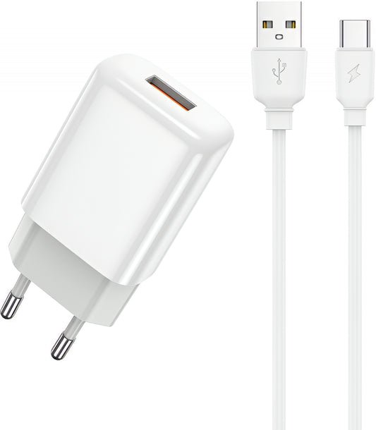Carregador de Rede com Cabo USB-C Prestico F9S, 12W, 2.4A, 1 x USB-A, Branco