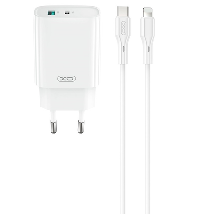 Network Charger with Lightning Cable XO Design CE30, 30W, 3A, 1 x USB-A - 1 x USB-C, White