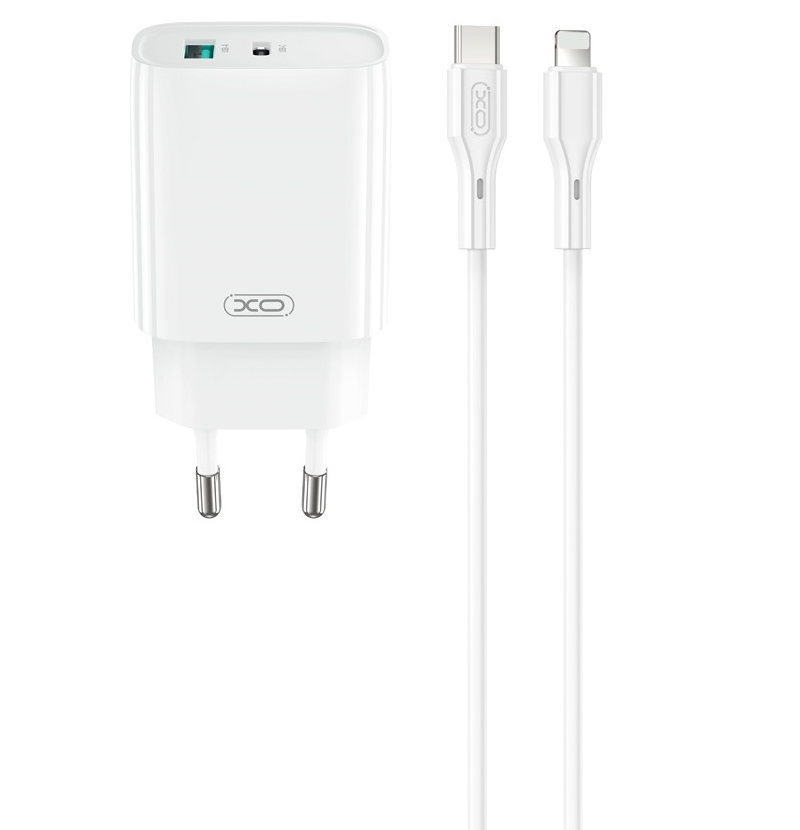 Carregador de Rede com Cabo Lightning XO Design CE30, 30W, 3A, 1 x USB-A - 1 x USB-C, Branco
