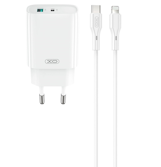 Carregador de Rede com Cabo Lightning XO Design CE30, 30W, 3A, 1 x USB-A - 1 x USB-C, Branco