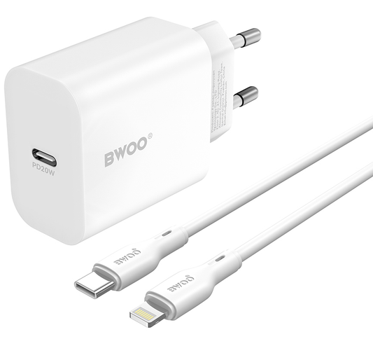 Carregador de Rede com Cabo Lightning BWOO CDA233, 20W, 3A, 1 x USB-C, Branco