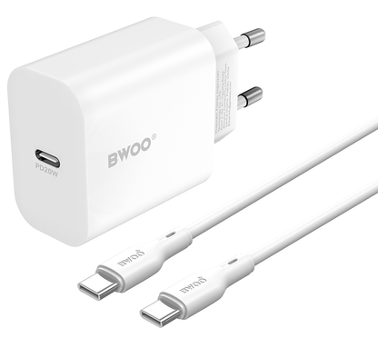 Carregador de Rede com Cabo USB-C BWOO CDA233, 20W, 3A, 1 x USB-C, Branco