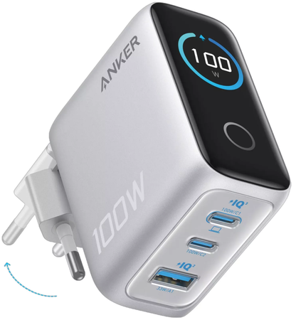 Carregador de Rede com Cabo USB-C Anker Smart Display, 100W, 5A, 1 x USB-A - 2 x USB-C, Prateado B121BG41