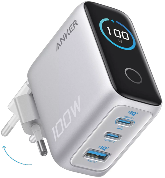 Carregador de Rede com Cabo USB-C Anker Smart Display, 100W, 5A, 1 x USB-A - 2 x USB-C, Prateado B121BG41