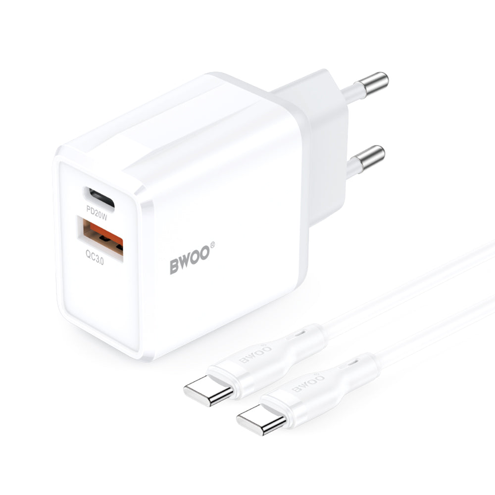 Carregador de Rede com Cabo USB-C BWOO CDA182, 38W, 3A, 1 x USB-A - 1 x USB-C, Branco