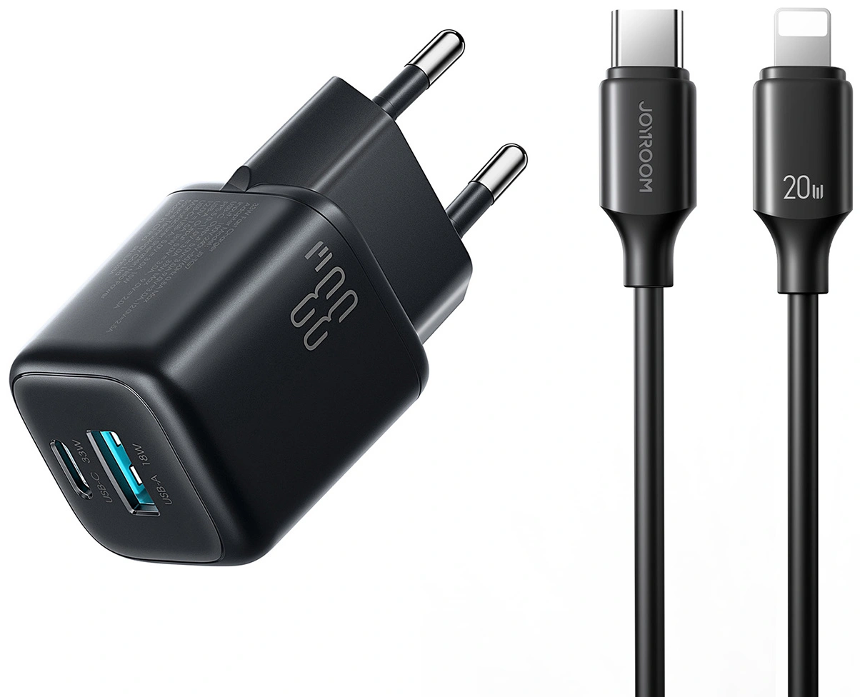 Carregador de Rede com Cabo Lightning Joyroom JR-TG7, 33W, 3A, 1 x USB-A - 1 x USB-C, Preto