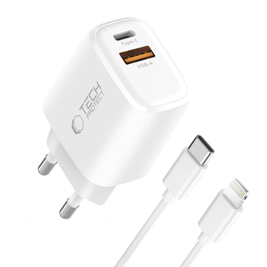 Carregador de Rede com Cabo Lightning Tech-Protect NCA20, 20W, 3A, 1 x USB-A - 1 x USB-C, Branco