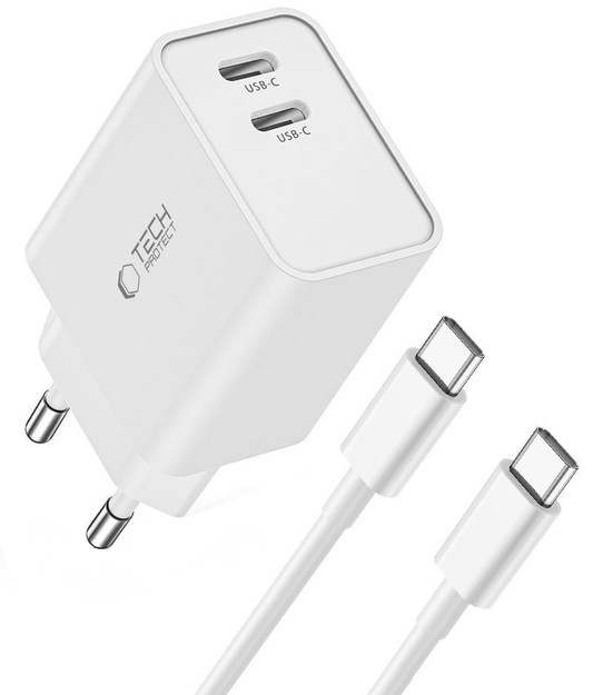 Carregador de Rede com Cabo USB-C Tech-Protect C35W, 35W, 3A, 2 x USB-C, Branco
