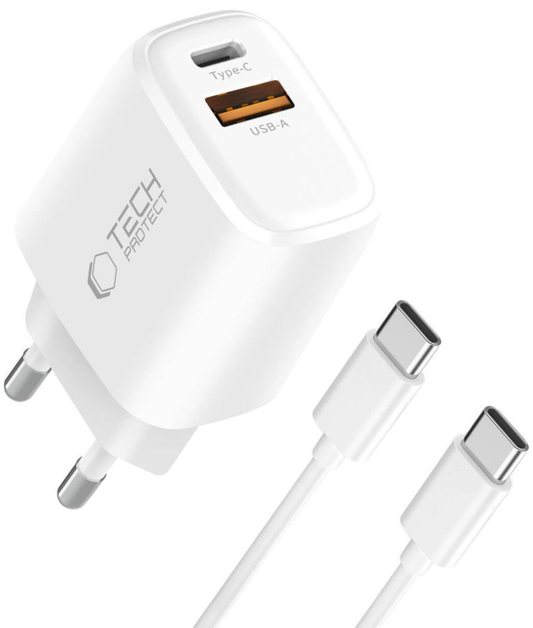 Carregador de Rede com Cabo USB-C Tech-Protect NCA20, 20W, 3A, 1 x USB-A - 1 x USB-C, Branco