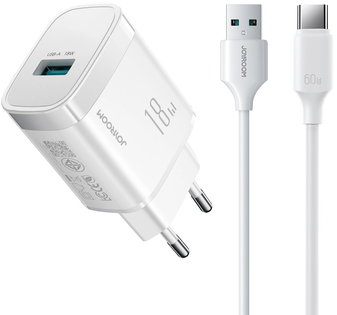 Carregador de Rede com Cabo USB-C Joyroom JR-TF4, 18W, 3A, 1 x USB-A, Branco