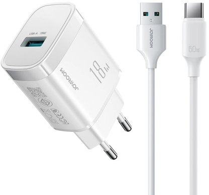 Carregador de Rede com Cabo USB-C Joyroom JR-TF4, 18W, 3A, 1 x USB-A, Branco