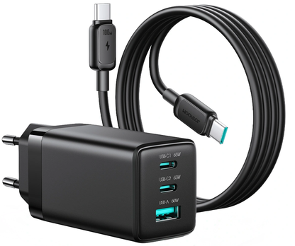 Carregador de Rede com Cabo USB-C Joyroom JR-TG10, 65W, 3.25A, 1 x USB-A - 2 x USB-C, Preto