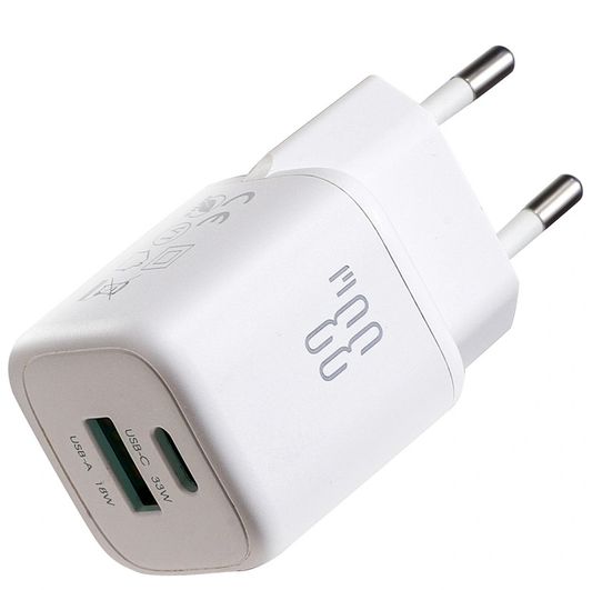 Carregador de Rede com Cabo USB-C Joyroom JR-TG7, 33W, 3A, 1 x USB-A - 1 x USB-C, Branco