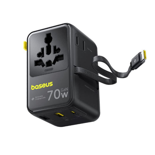 Carregador de Rede com Cabo USB-C Baseus Travel EnerCore CG11, 70W, 2 x Tomada - 1 x USB-C - 2 x USB-A, Preto E0307E00
