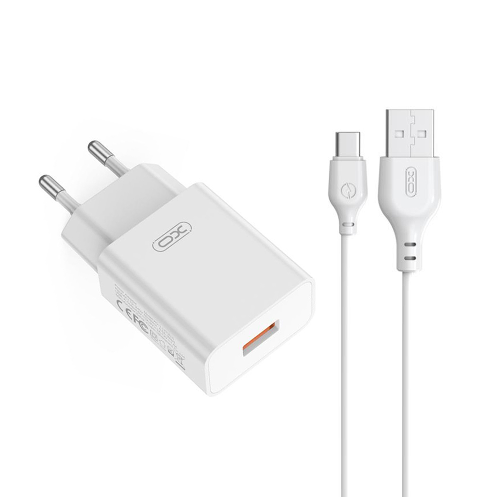 Carregador de Rede com Cabo USB-C XO Design L127, 18W, 3A, 1 x USB-A, Branco