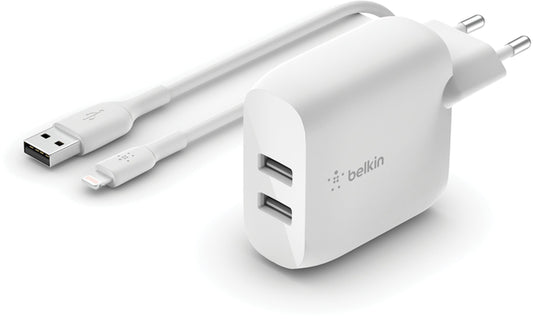 Carregador de Rede com Cabo USB-C Belkin BoostCharge Dual, 24W, 2.4A, 2 x USB-A, Branco WCE001vf1MWH
