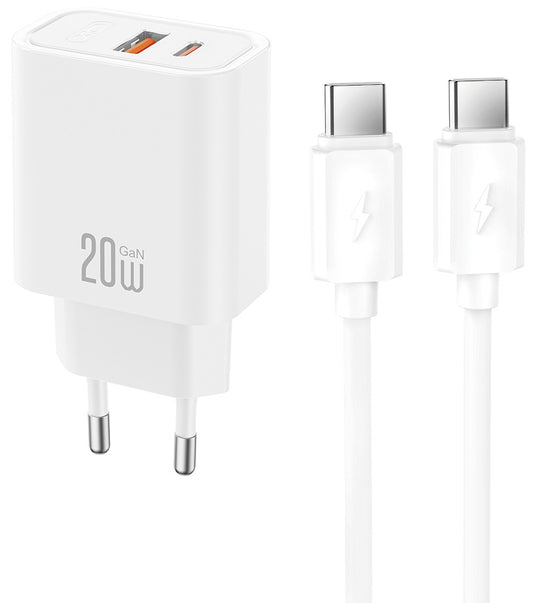 Carregador de Rede com Cabo USB-C XO Design CE40, 20W, 3A, 1 x USB-A - 1 x USB-C, Branco