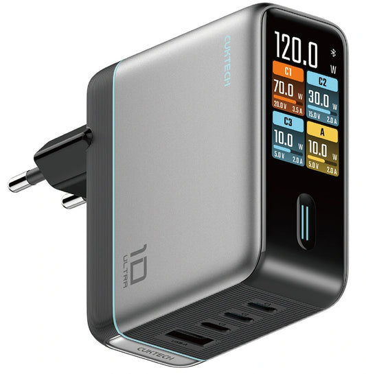 Carregador de Rede com Cabo USB-C Cuktech AD1204U Display, 120W, 6A, 1 x USB-A - 2 x USB-C, Prateado