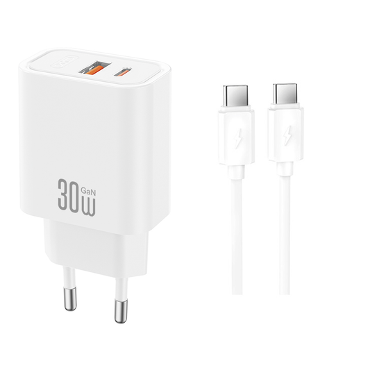 Carregador de Rede com Cabo USB-C XO Design CE42, 30W, 3A, 1 x USB-A - 1 x USB-C, Branco