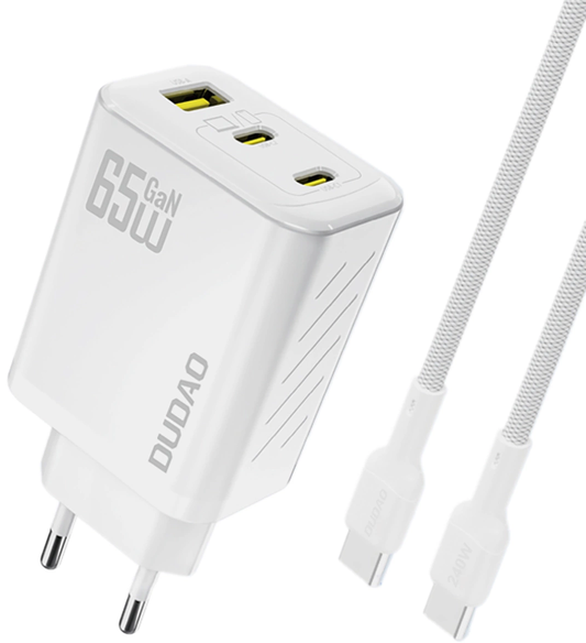 Carregador de Rede com Cabo USB-C Dudao A29C, 65W, 3,25A, 1 x USB-A - 2 x USB-C, Branco