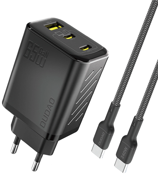 Carregador de Rede com Cabo USB-C Dudao A29C, 65W, 3,25A, 1 x USB-A - 2 x USB-C, Preto