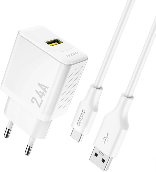 Carregador de Rede com Cabo USB-C Dudao A23TEU, 12W, 2.4A, 1 x USB-A, Branco