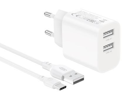 Carregador de Rede com Cabo USB-C XO Design CE55, 12 W, 2,4 A, 2 x USB-A, Branco