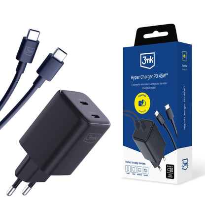 Carregador de rede 3MK HyperCharger com cabo USB-C, 45W, 3A, 2 x USB-C, preto 